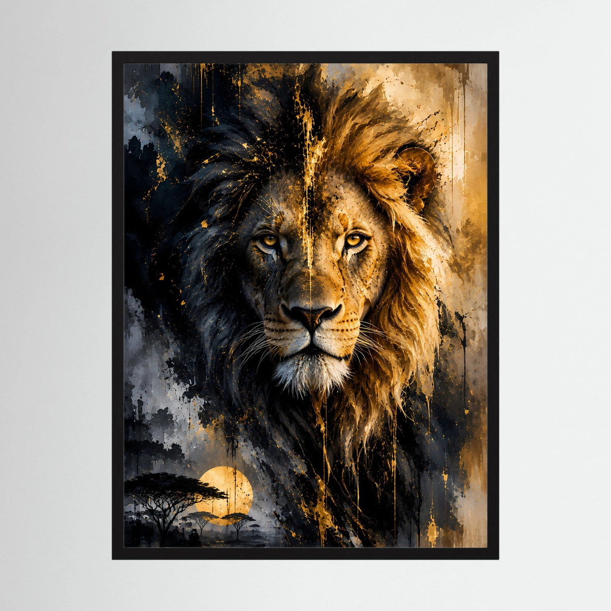 Poster mit Löwenkopf im abstrakten Stil, schwarz-goldene Farbtöne, im schwarzen Rahmen