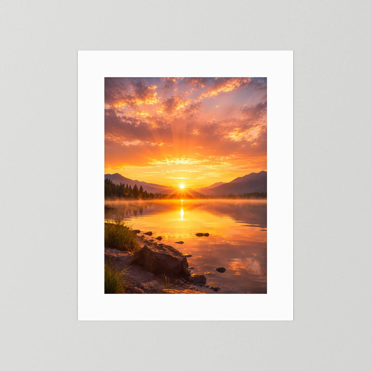 Hochformat-Poster Sonnenuntergang am Bergsee mit weißem Passepartout