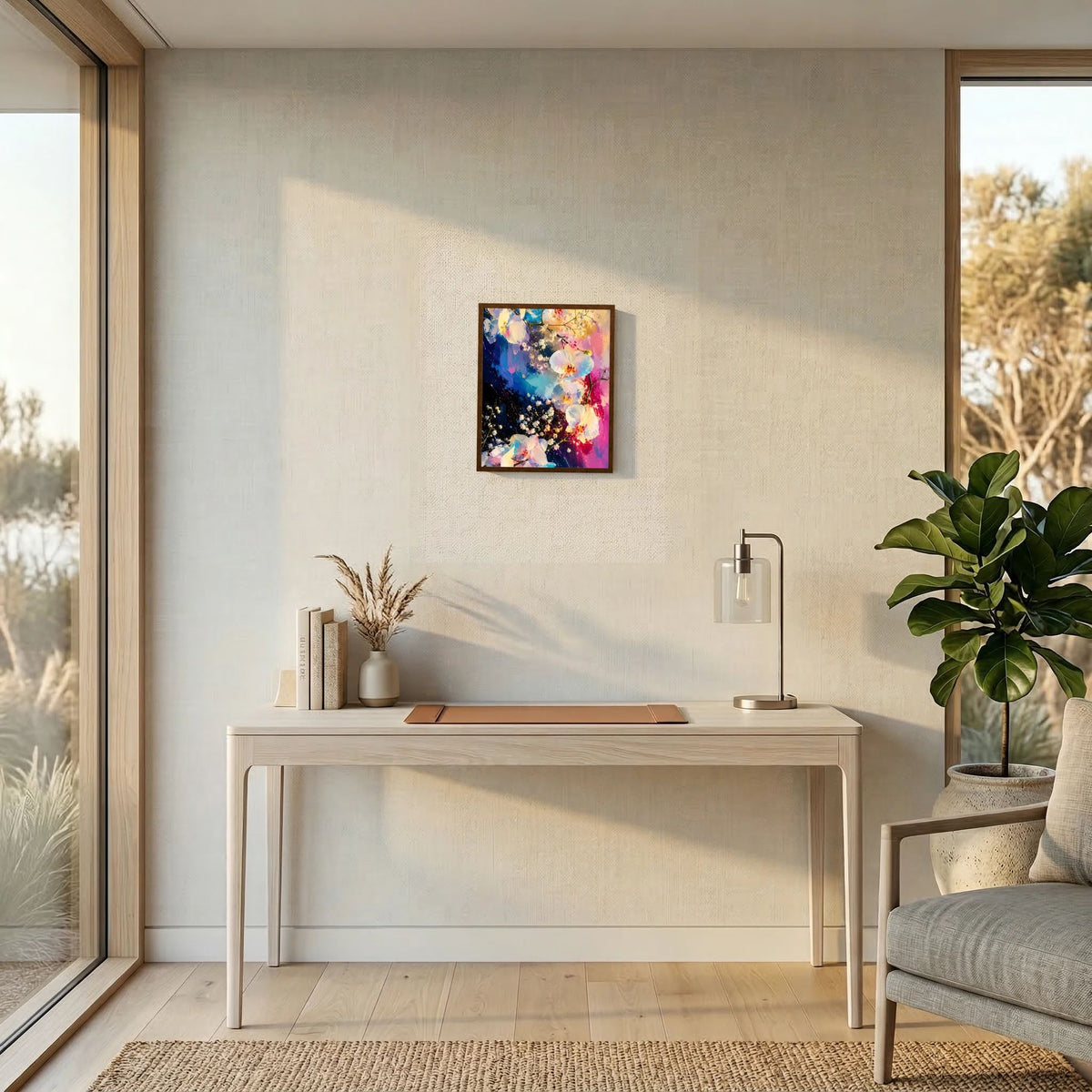 Schwarz gerahmtes Orchideen-Poster mit abstrakten Blüten in Blau, Rosa und Gelb