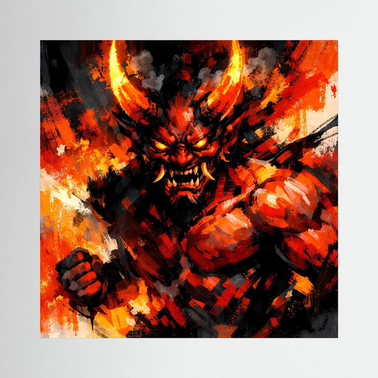Leinwand-Wandbild mit feurigem Oni-Dämon, schwarzer Kopf mit Flammen, orangefarbener Rauch und Fäusten