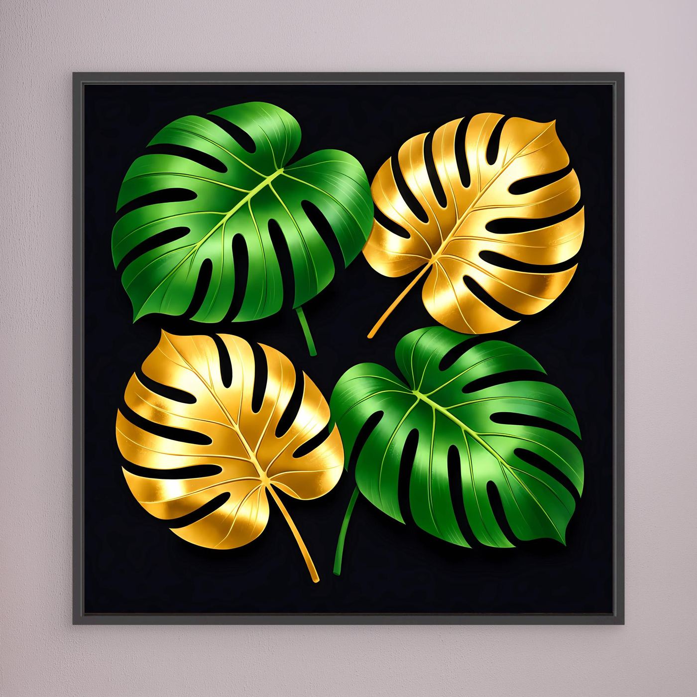 Leinwandbild mit Monstera-Blättern, grün und gold, grauer Rahmen