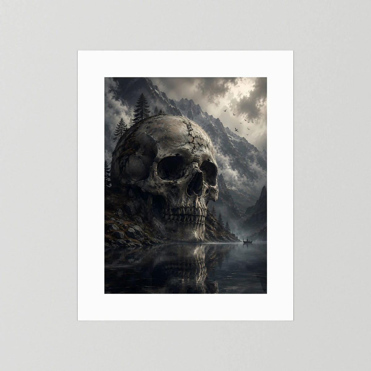 Poster mit Totenschädel über Bergsee, düstere Berglandschaft, weißer Rand im Hochformat