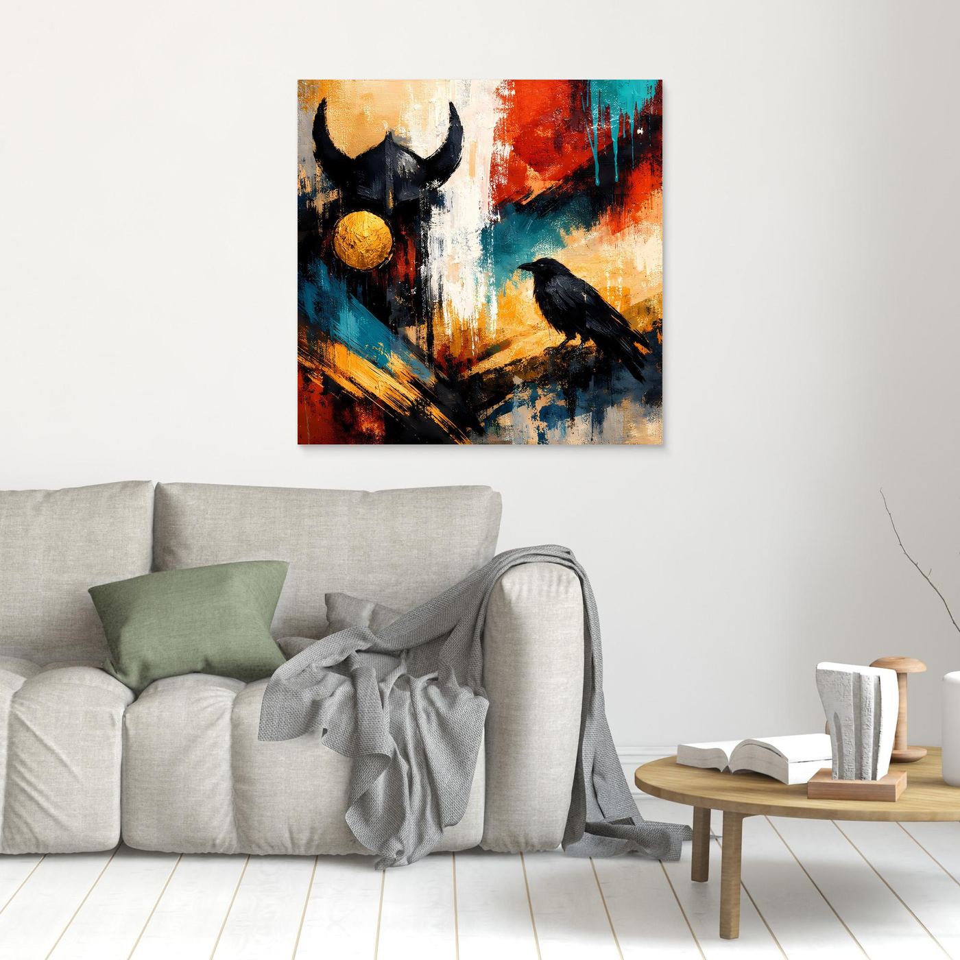 Gerahmtes Wandbild mit Rabe, Wikingerhelm und goldener Kugel im abstrakten Farbmix
