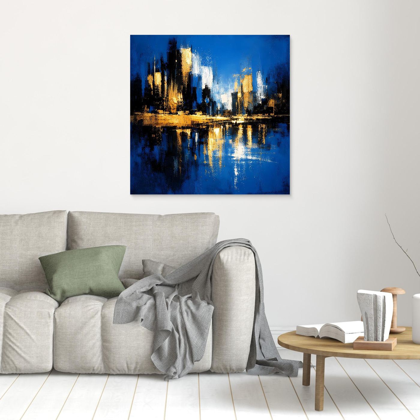 Leinwand Abstrakte Skyline in Blau und Gold | Modernes Großstadt Wandbild mit Spiegelung