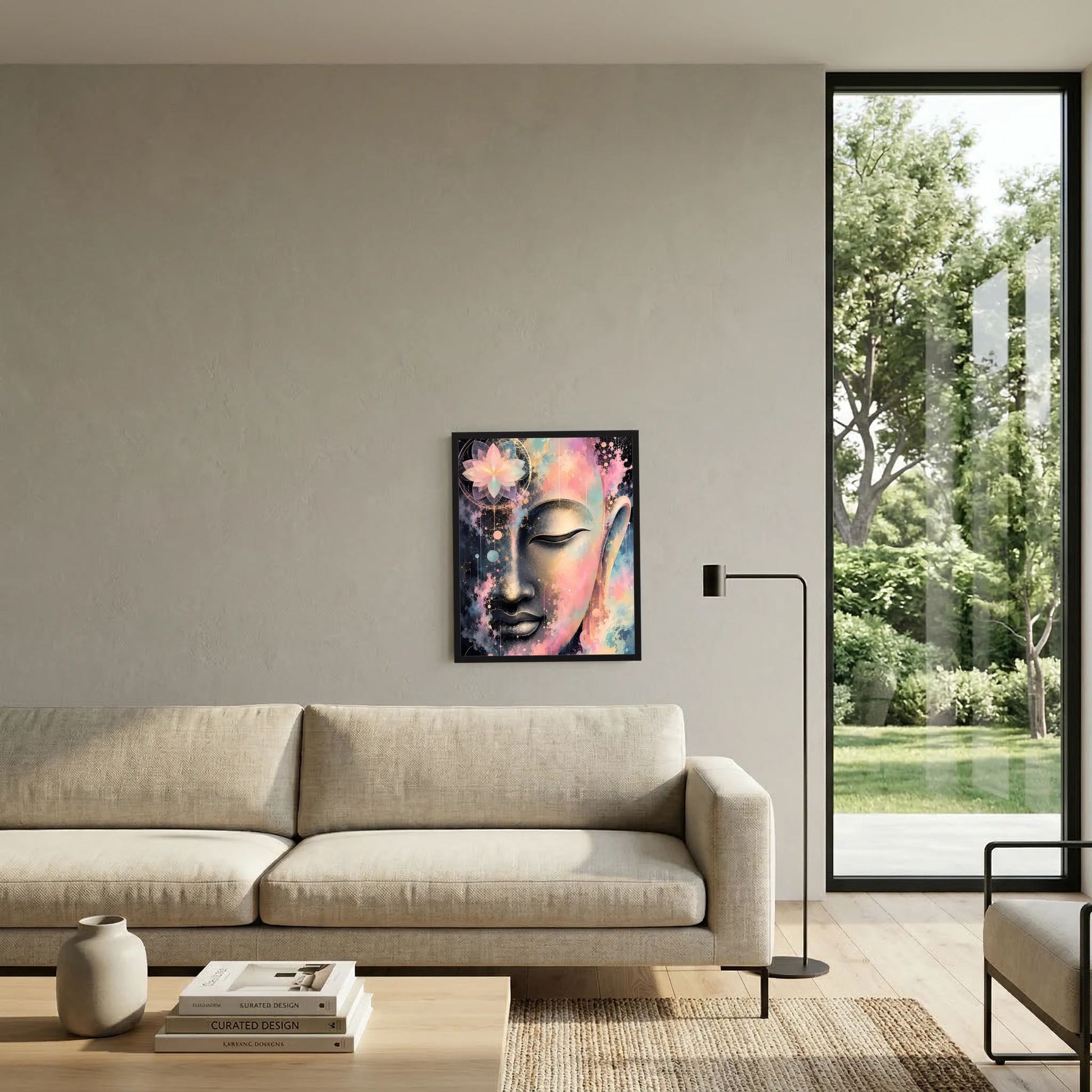 Gerahmtes Buddha-Kunstposter im Hochformat: Pastell- und Goldtöne, abstraktes Gesicht in Schwarz