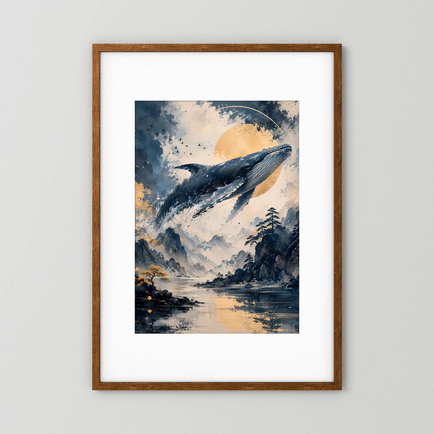 Poster im Hochformat mit Wal, Mond über Berglandschaft, blau-goldene Farbakzente