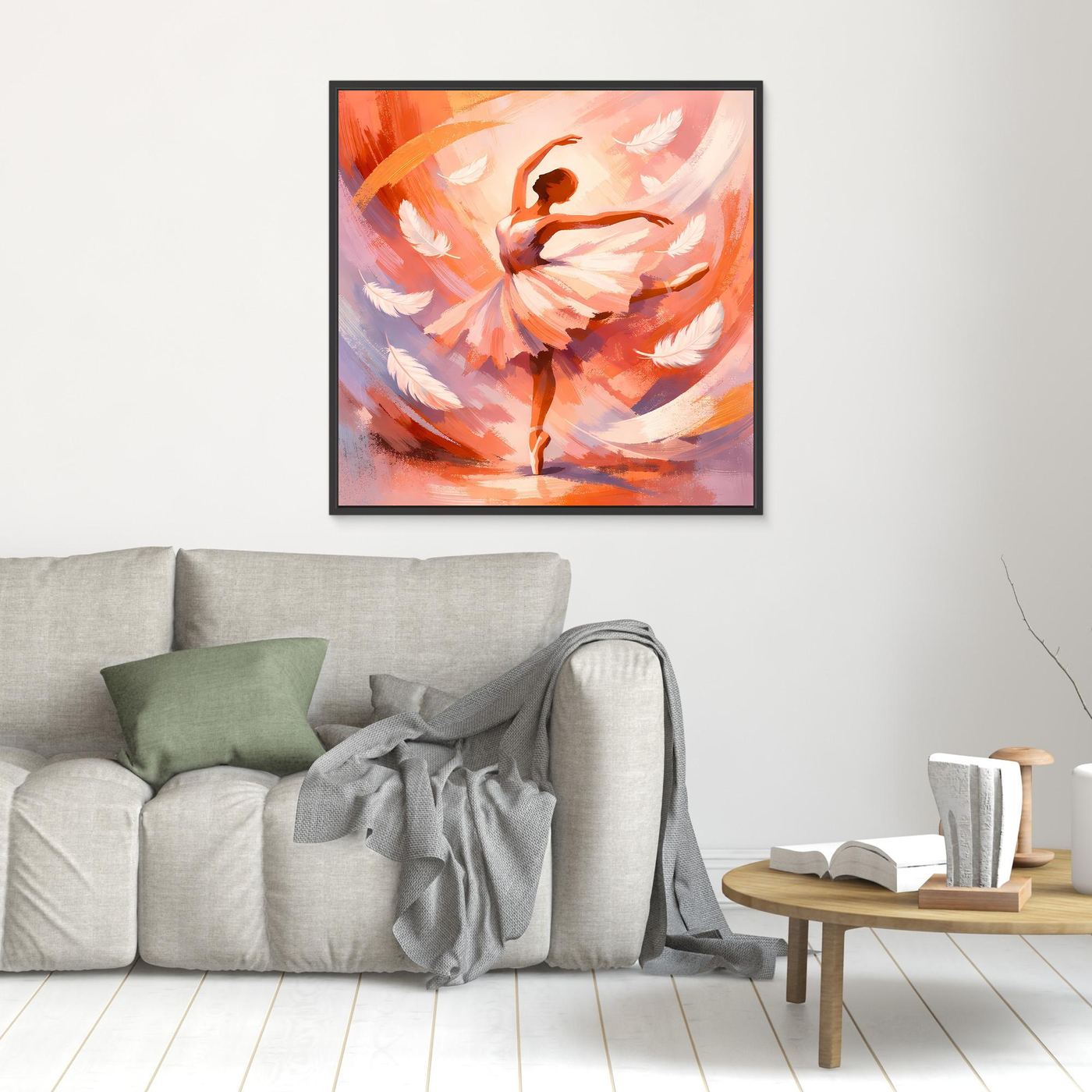 Leinwandbild mit abstrakter Ballerina in warmen Orange- und Rosatönen, dunkel gerahmt
