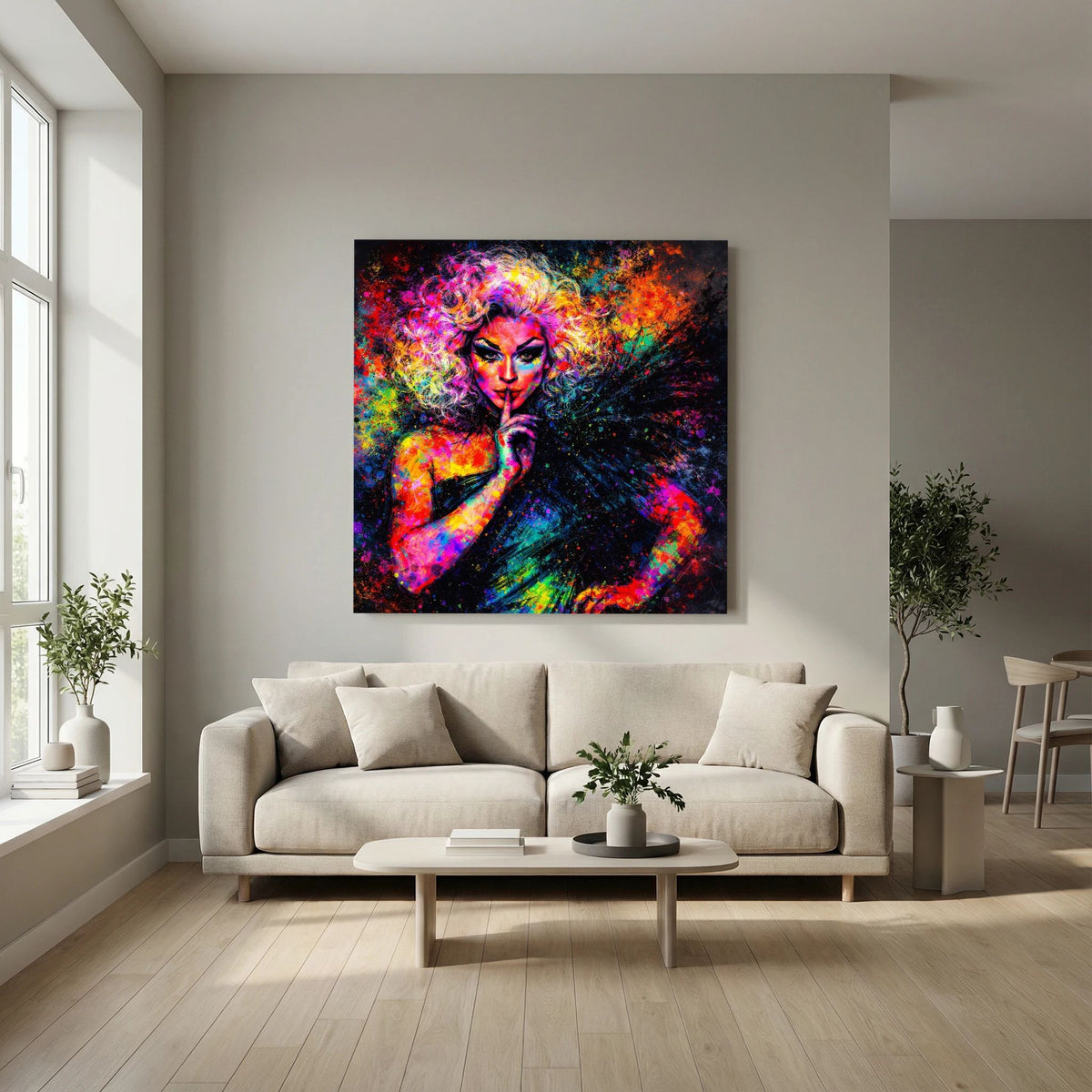 Leinwandbild auf Keilrahmen mit Drag Queen in Pop-Art, kräftiges Neon-Farbwirbelmotiv