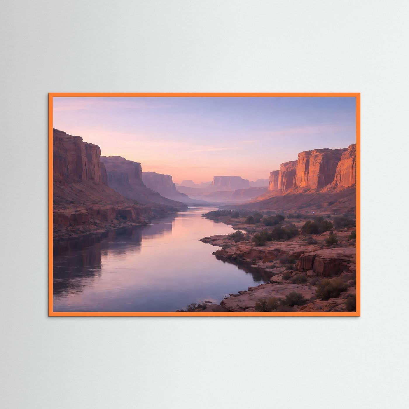 Wandposter Grand Canyon mit Fluss in der Schlucht, orangefarbener Holzrahmen