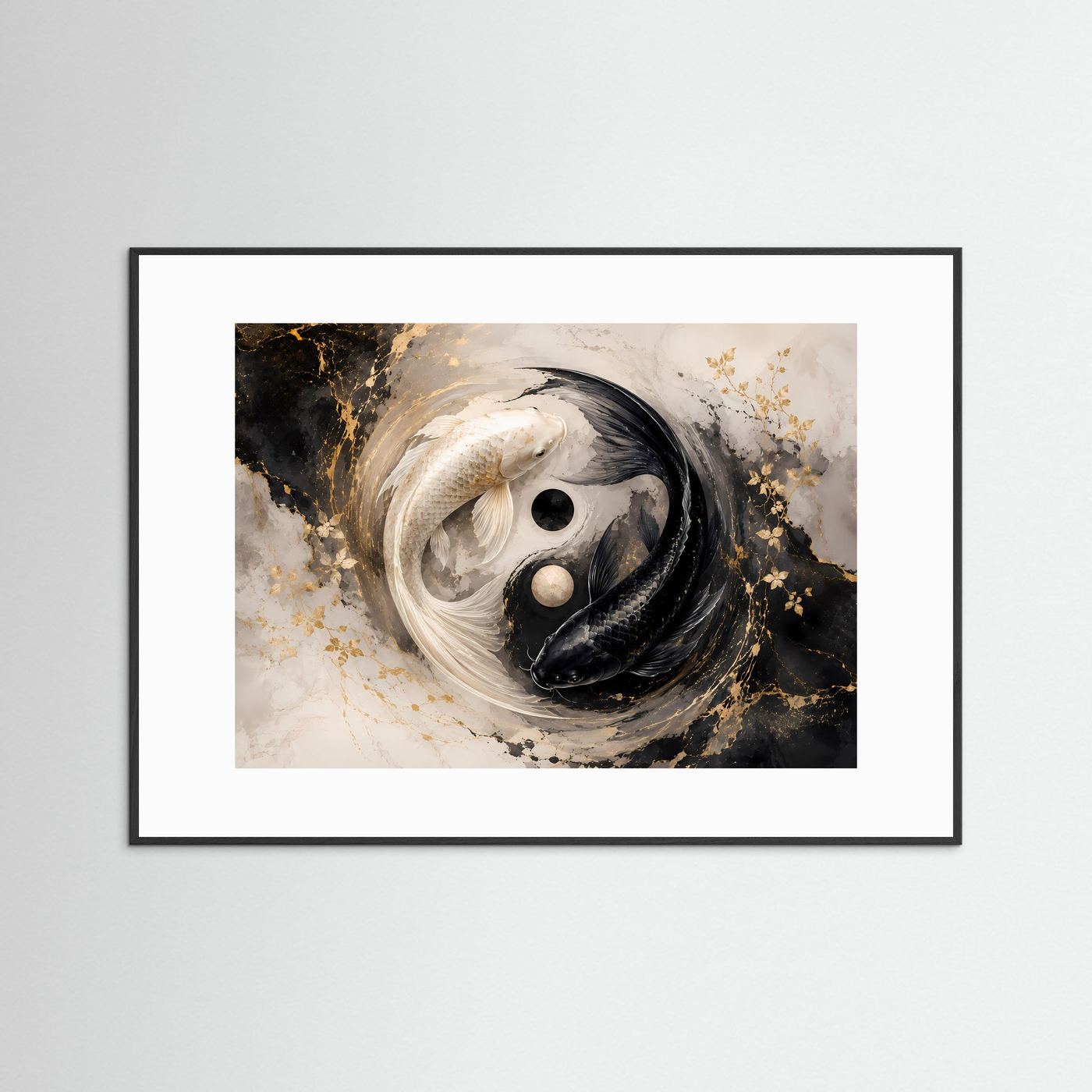 Leinwandbild mit Yin-Yang-Koi: schwarze und weiße Fische, goldene Sprenkel, schwarzer Rahmen
