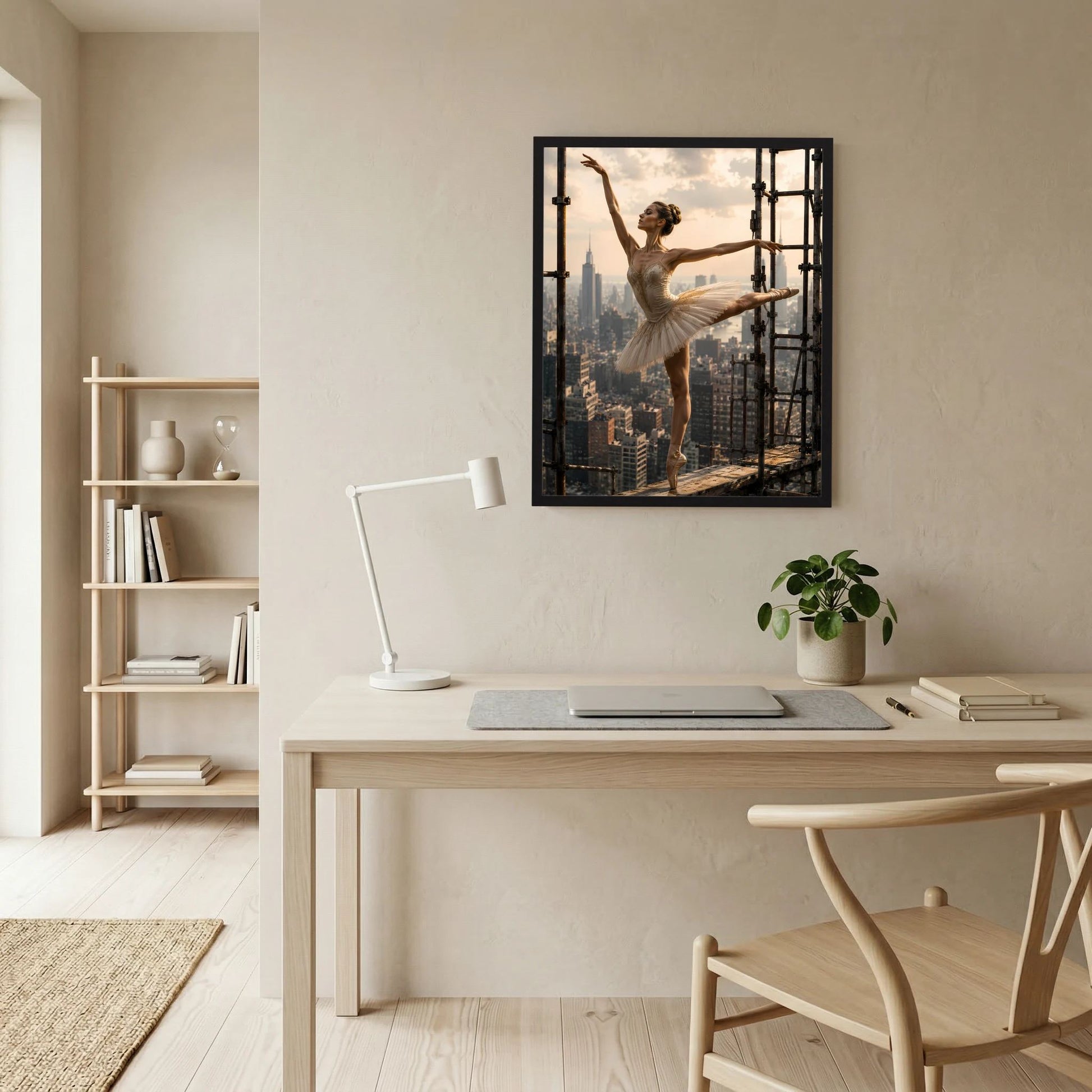 Schwarz gerahmtes Poster: Ballerina im Tutu auf Plattform vor Skyline