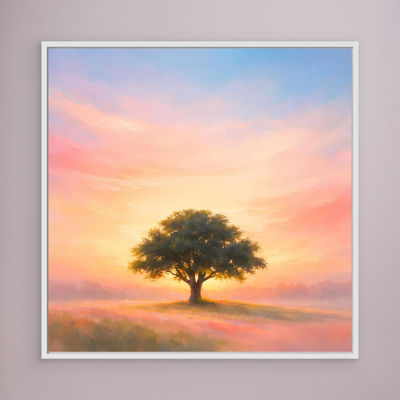 Wandbild mit weißem Rahmen: Landschaft mit einsamem Baum im Pastell-Sonnenaufgang