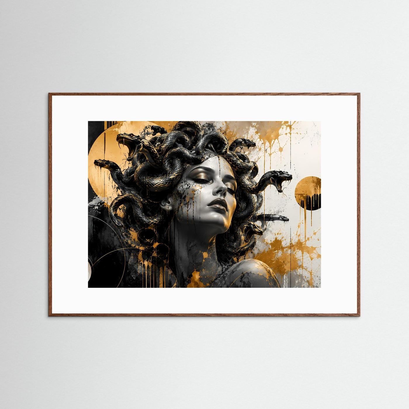 Medusa mit schwarzen Schlangen | Abstrakte Kunst in Schwarz & Gold