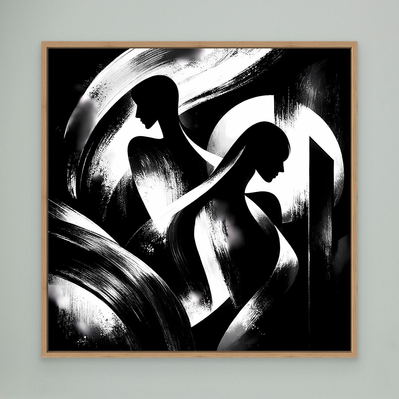Abstraktes Leinwand-Wandbild, schwarzweiße Silhouetten, Eichenrahmen, groß