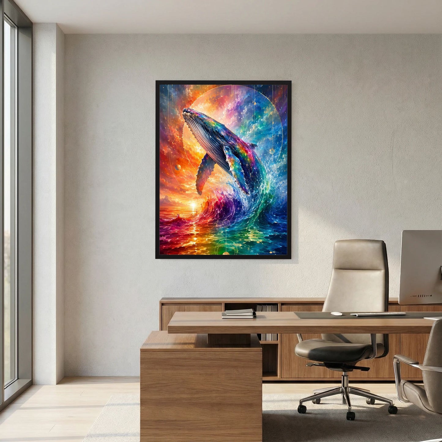 Wandposter mit schwarzem Rahmen: Regenbogenwal über Wasser, planetenartiger Hintergrund