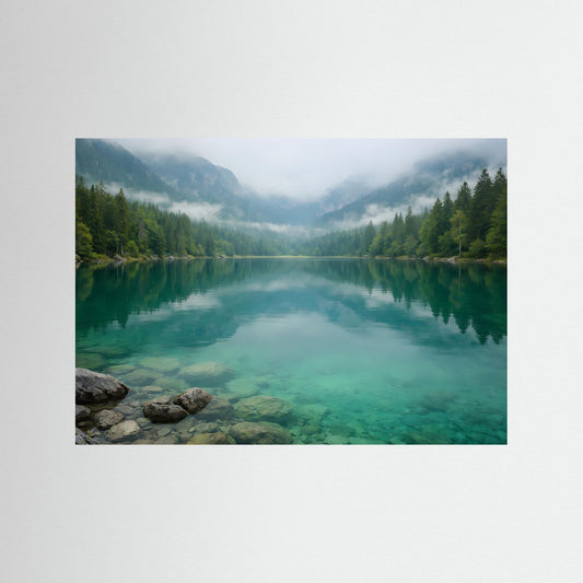 Bergsee im Nebel mit türkisfarbenem Wasser und Spiegelung, wandnaher Fotodruck ohne Rahmen.