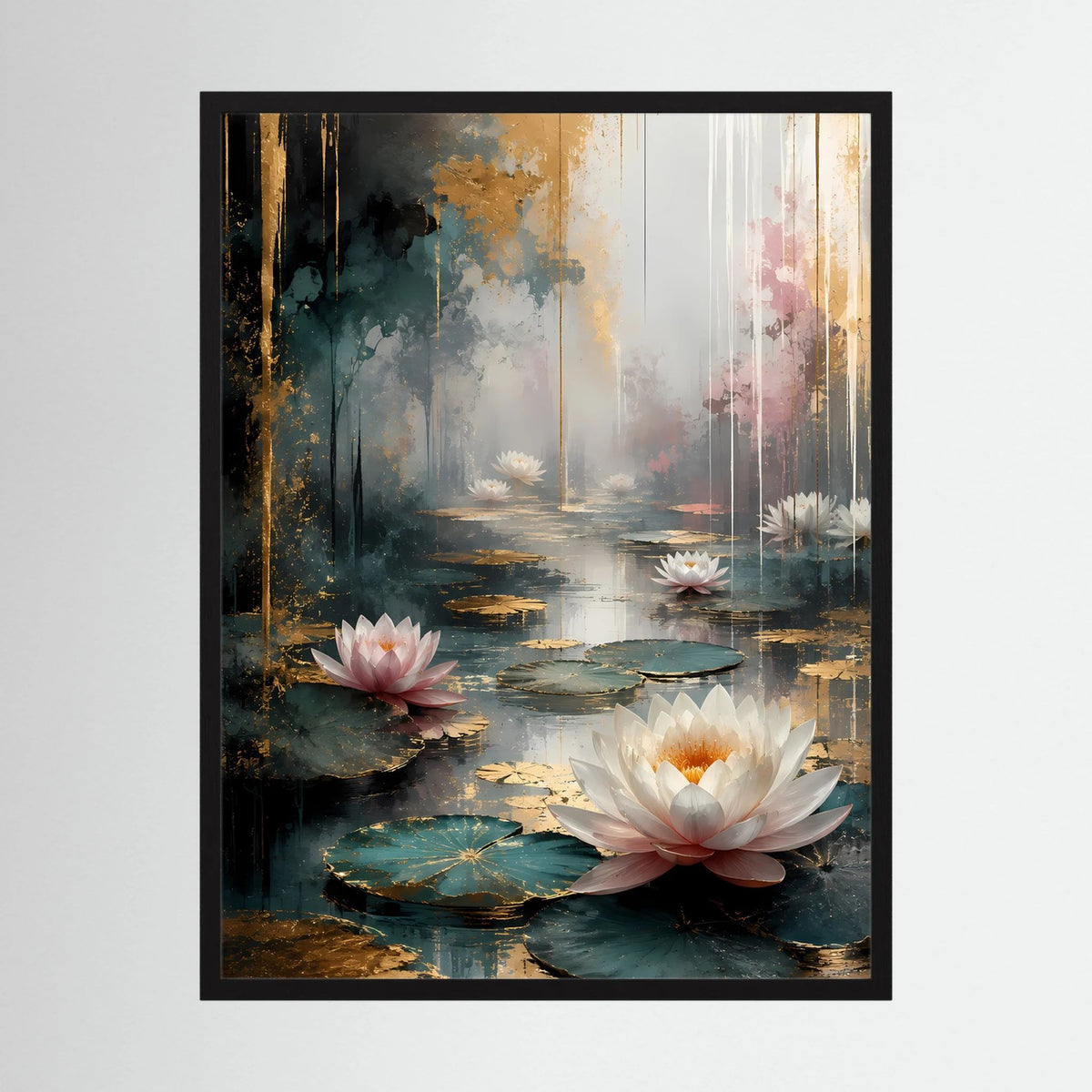 Schwarz gerahmtes Poster mit abstrakten Wasserlilien in Weiß und Rosa