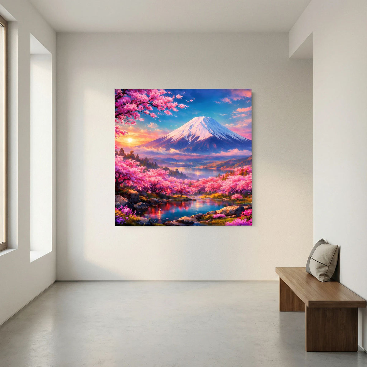 Quadratisches Leinwandbild auf Holzkeilrahmen mit Fuji, rosa blühenden Bäumen und Wasser