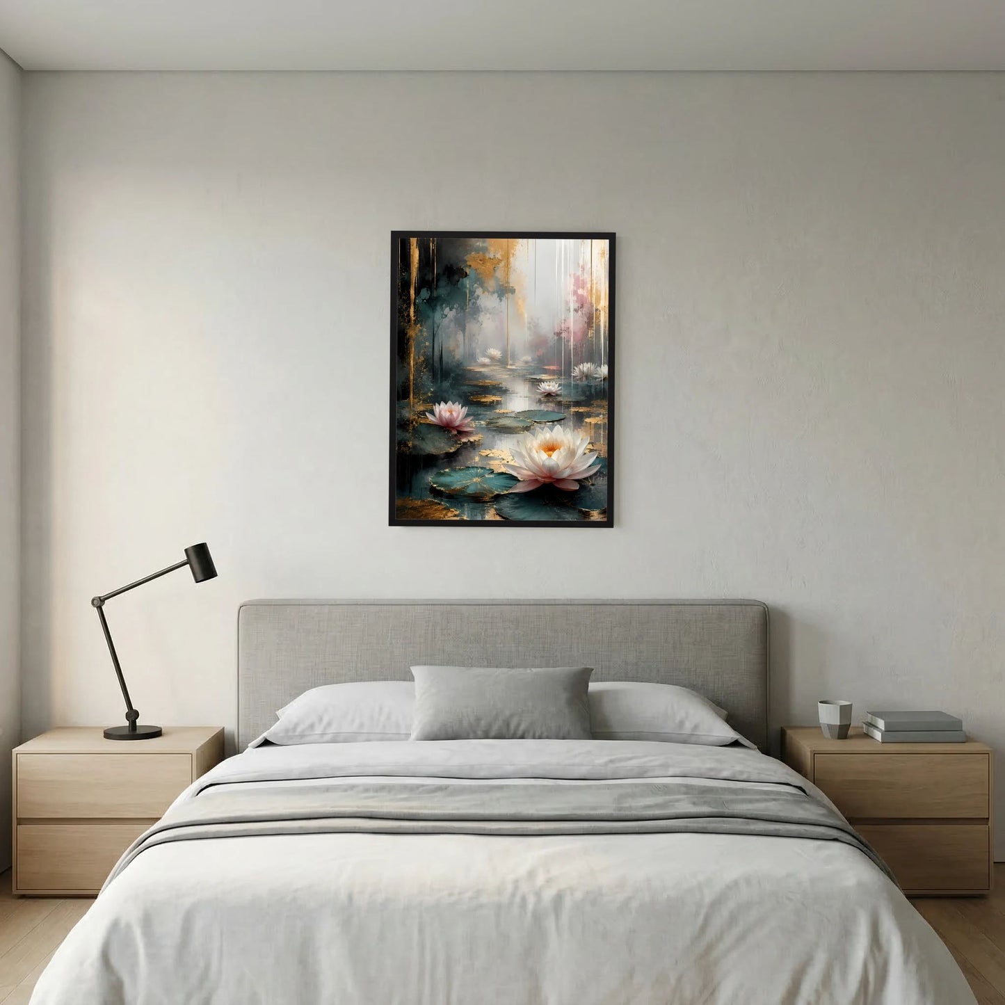 Poster im Hochformat mit abstrakten Wasserlilien in Weiß und Rosa, schwarzer Rahmen