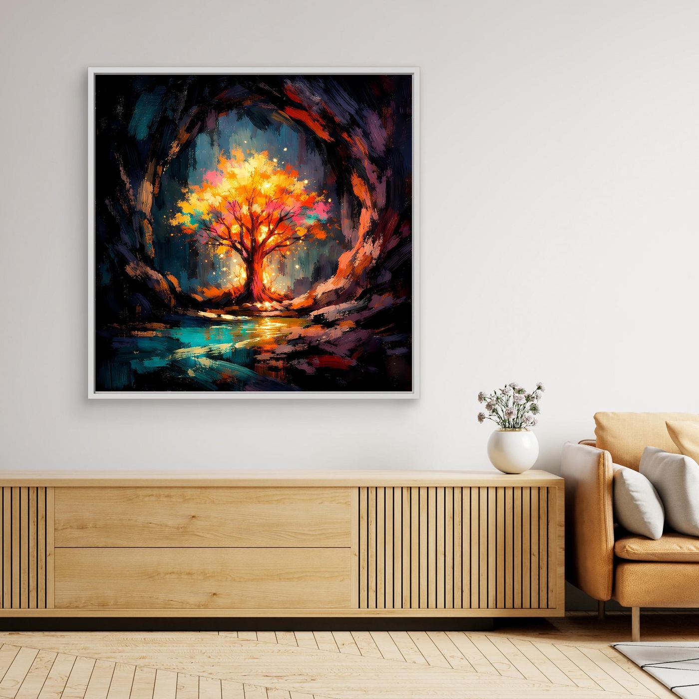 Abstract canvas wall art with glowing tree ring, dark blue and orange-red; white frame