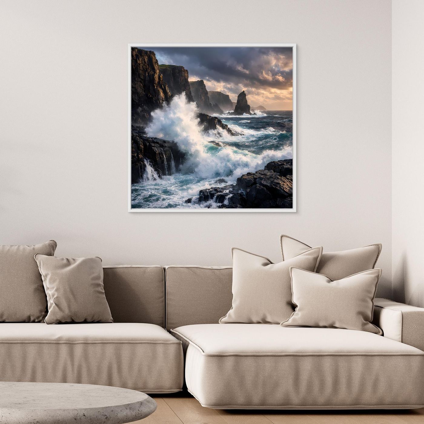 Leinwandbild Steilküste mit tosenden Wellen und Klippen, weißer Rahmen