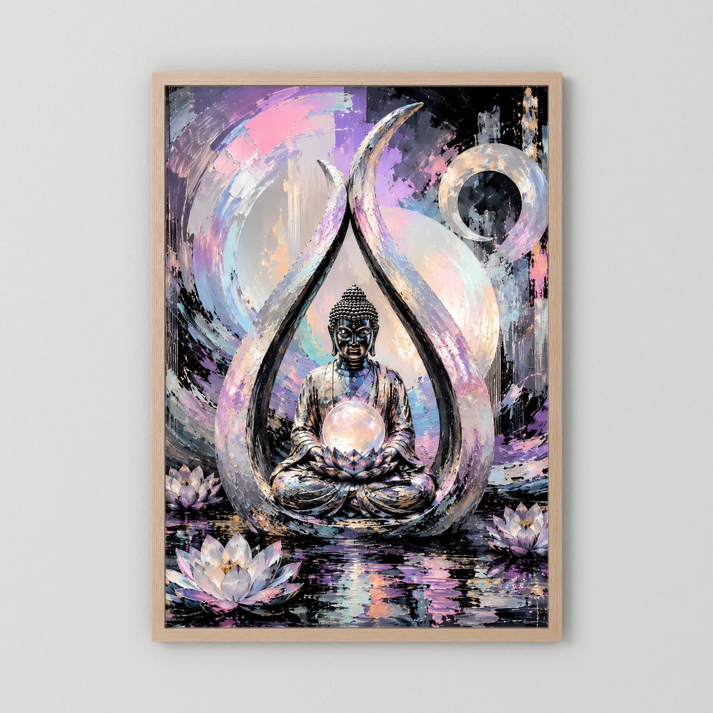 Gerahmtes Kunstposter: meditierender Buddha im Lotus im Kreis, Pastellfarben, helle Holzumrandung