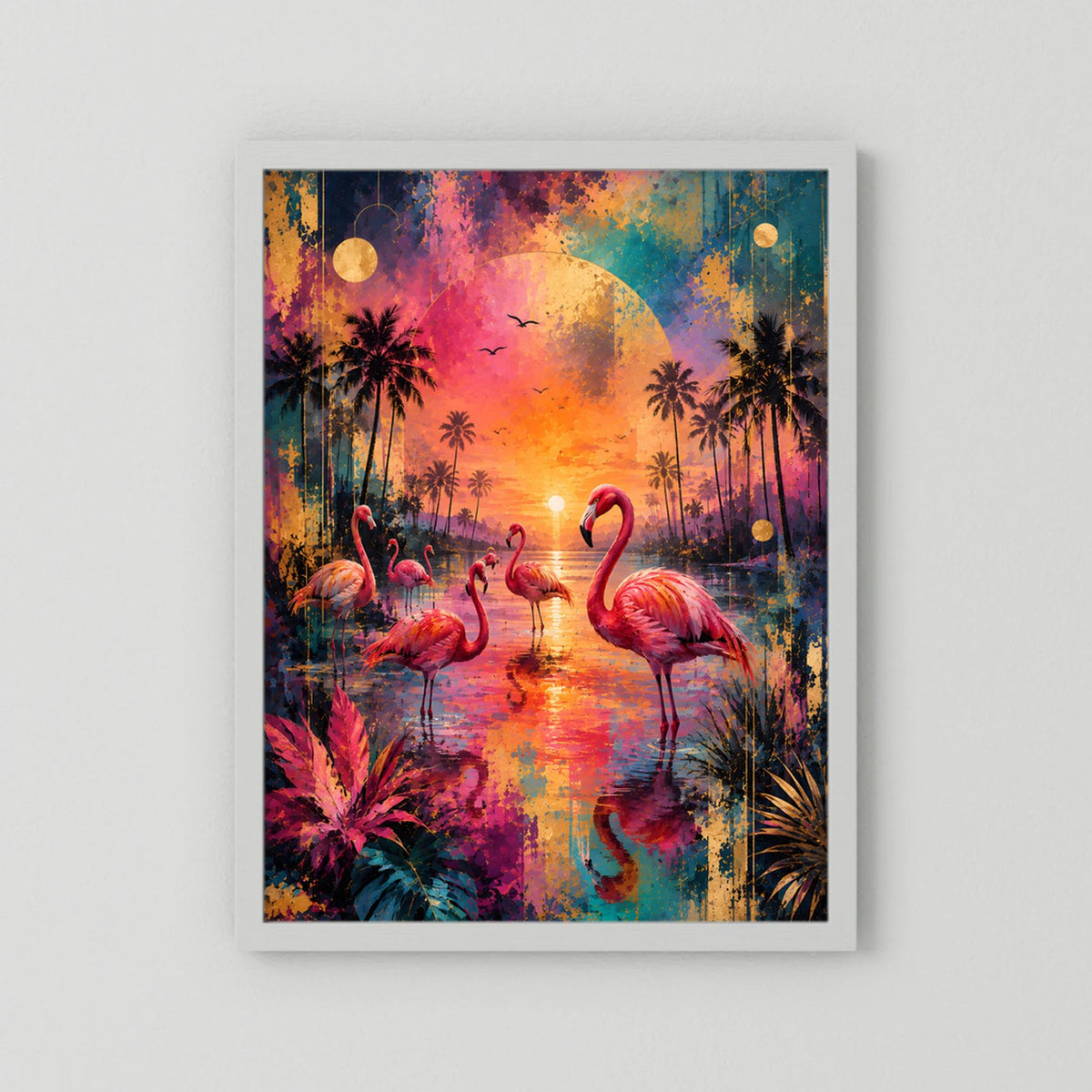 Hochformat-Poster mit Flamingos im tropischen Sonnenuntergang, weißer Rand