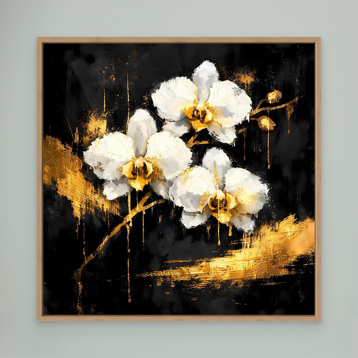 Leinwand Elegante Orchideen in Gold und Schwarz | Modernes Florales Luxus Wandbild