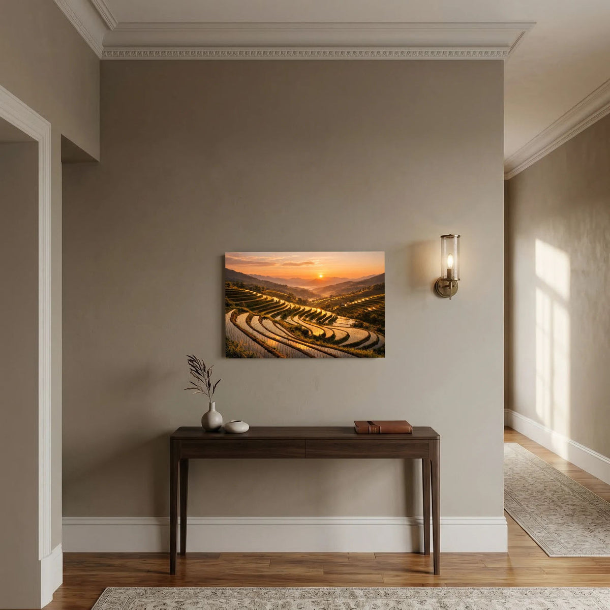Wandposter mit Motiv von Reisterrassen bei Sonnenuntergang