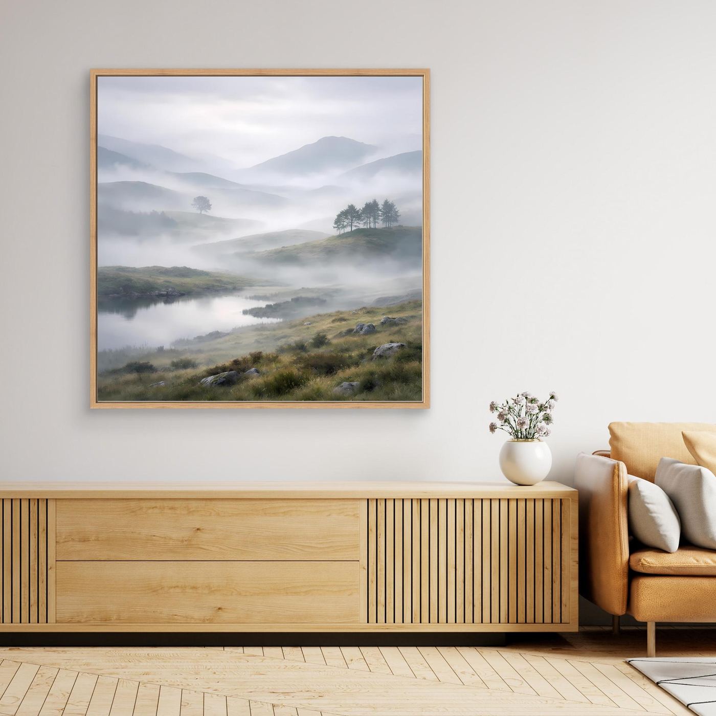 Leinwandbild mit Bergsee im Nebel im Eichenrahmen