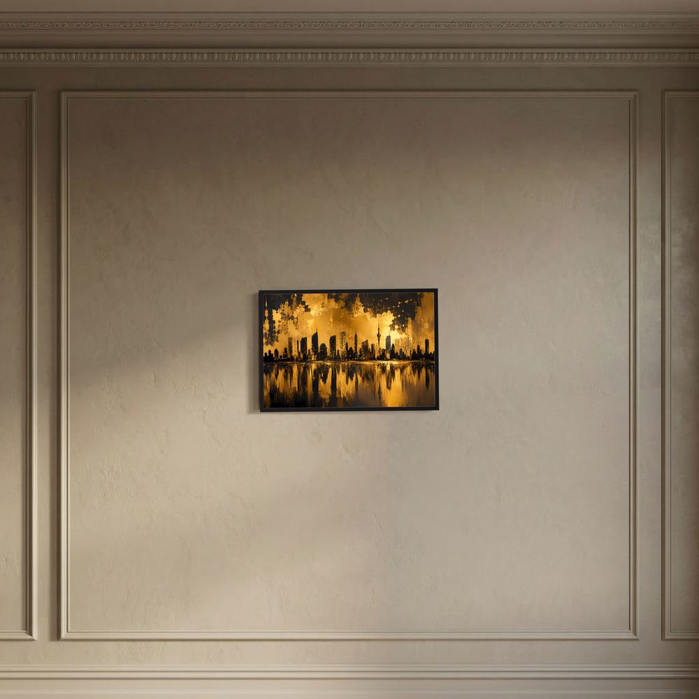 Querformatposter Skyline abstrakt, schwarz-goldene Stadt mit Wasserreflexion, dunkler Rahmen