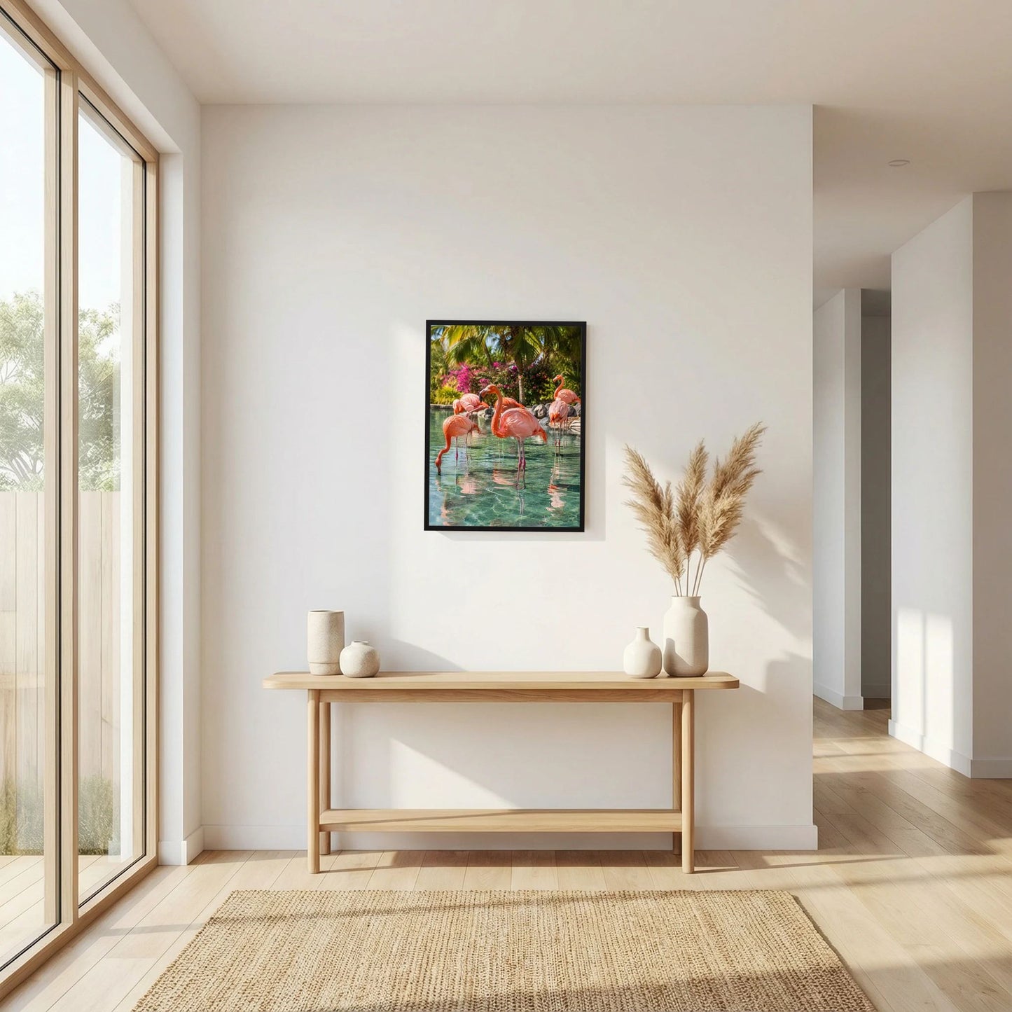 Hochformat-Poster mit Flamingos im Wasser vor tropischen Pflanzen