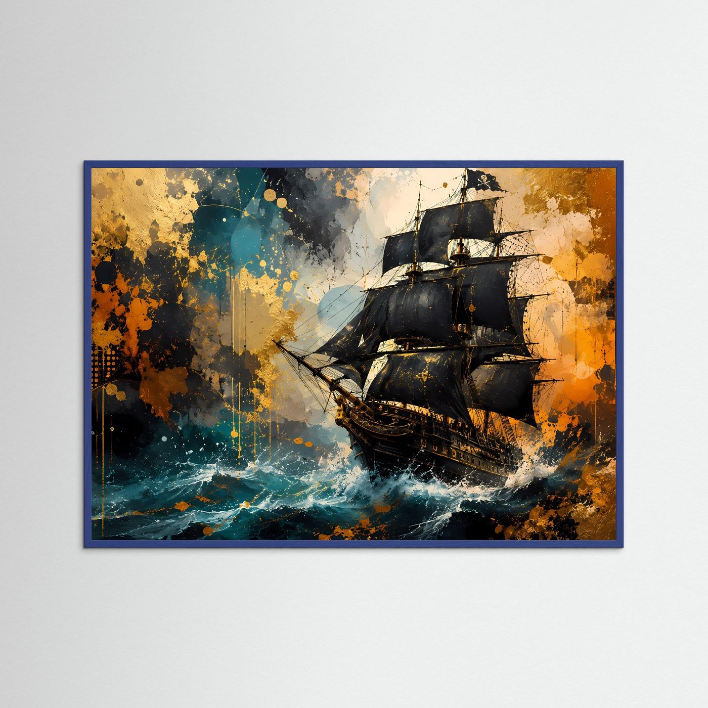 Historisches Segelschiff Poster Querformat | Abstrakte Maritime Wandkunst in Blau & Gold | Elegantes Piratenschiff Wandbild