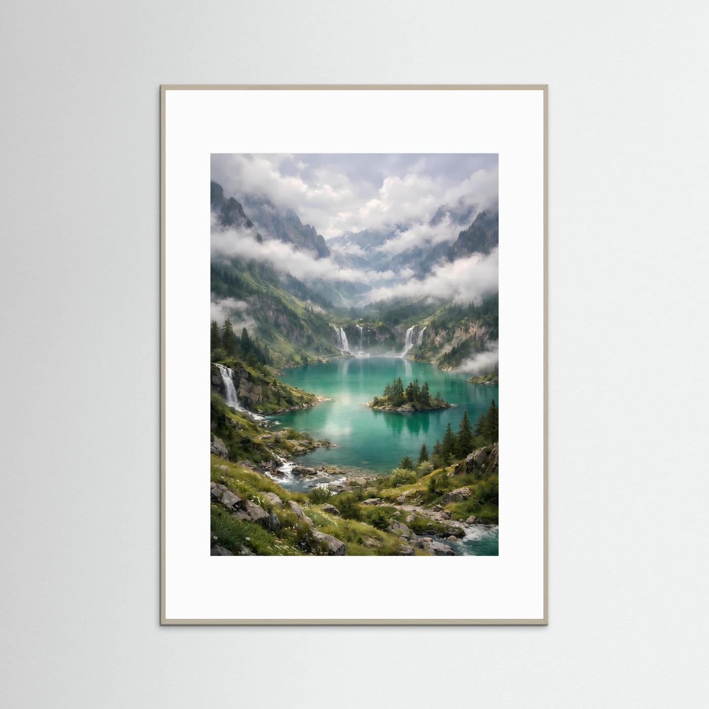Hochformat-Poster mit Alpenlandschaft und türkisfarbenem Bergsee, grauer Rahmen