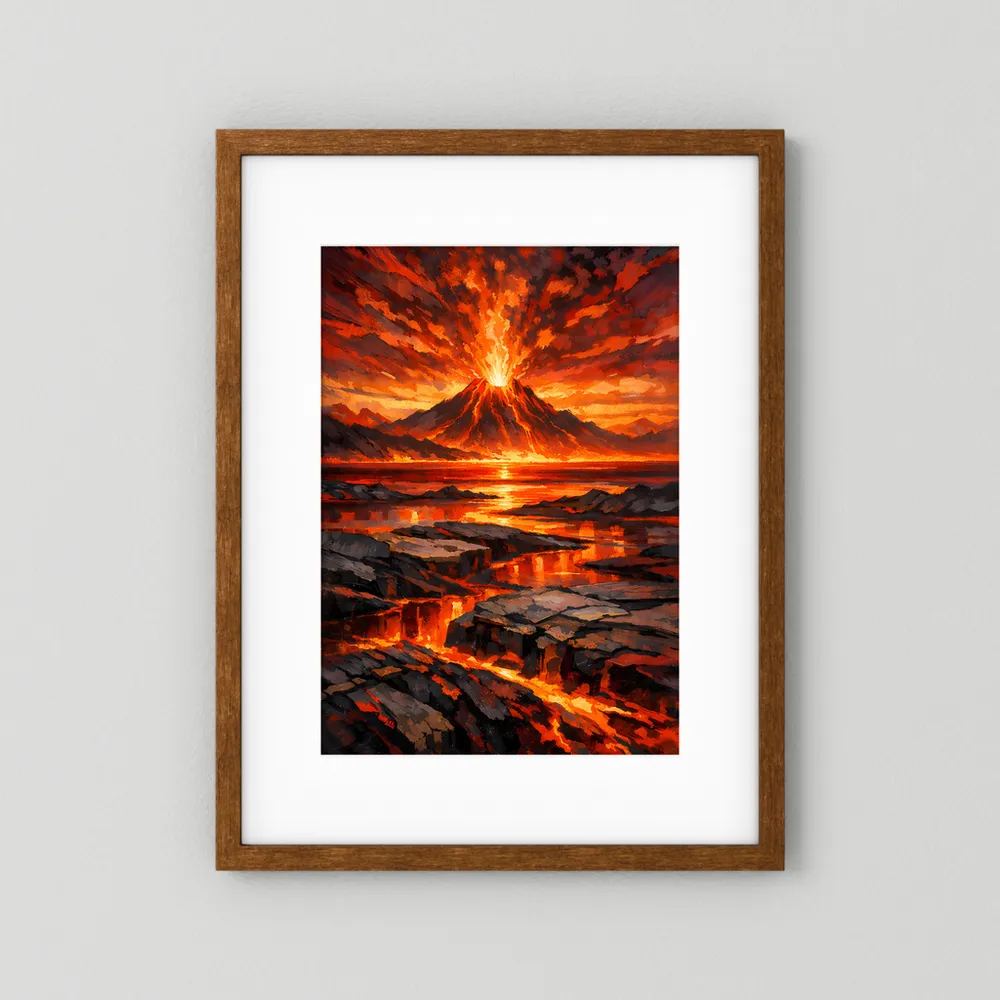 Hochformat-Poster mit braunem Holzrahmen: Vulkanausbruch mit glühender Lava und Gluthimmel