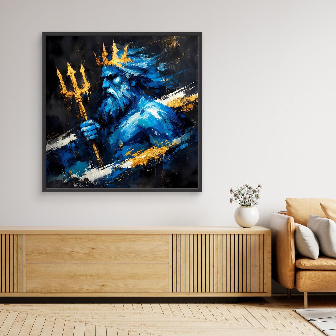 Leinwand Poseidon Gott des Meeres | Abstraktes Mythologie Wandbild Blau Gold