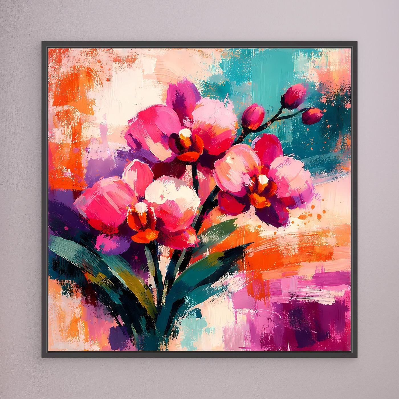 Leinwand-Wandbild mit abstrakten Orchideen in Pink, Lila und Türkis, schwarz gerahmt