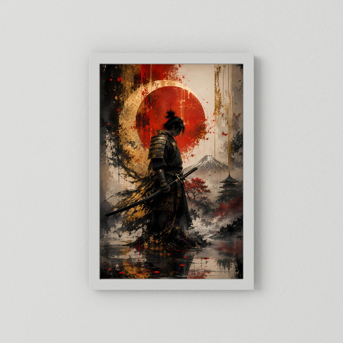 Samurai-Kunstposter mit Katana und roter Sonne, weiß gerahmt