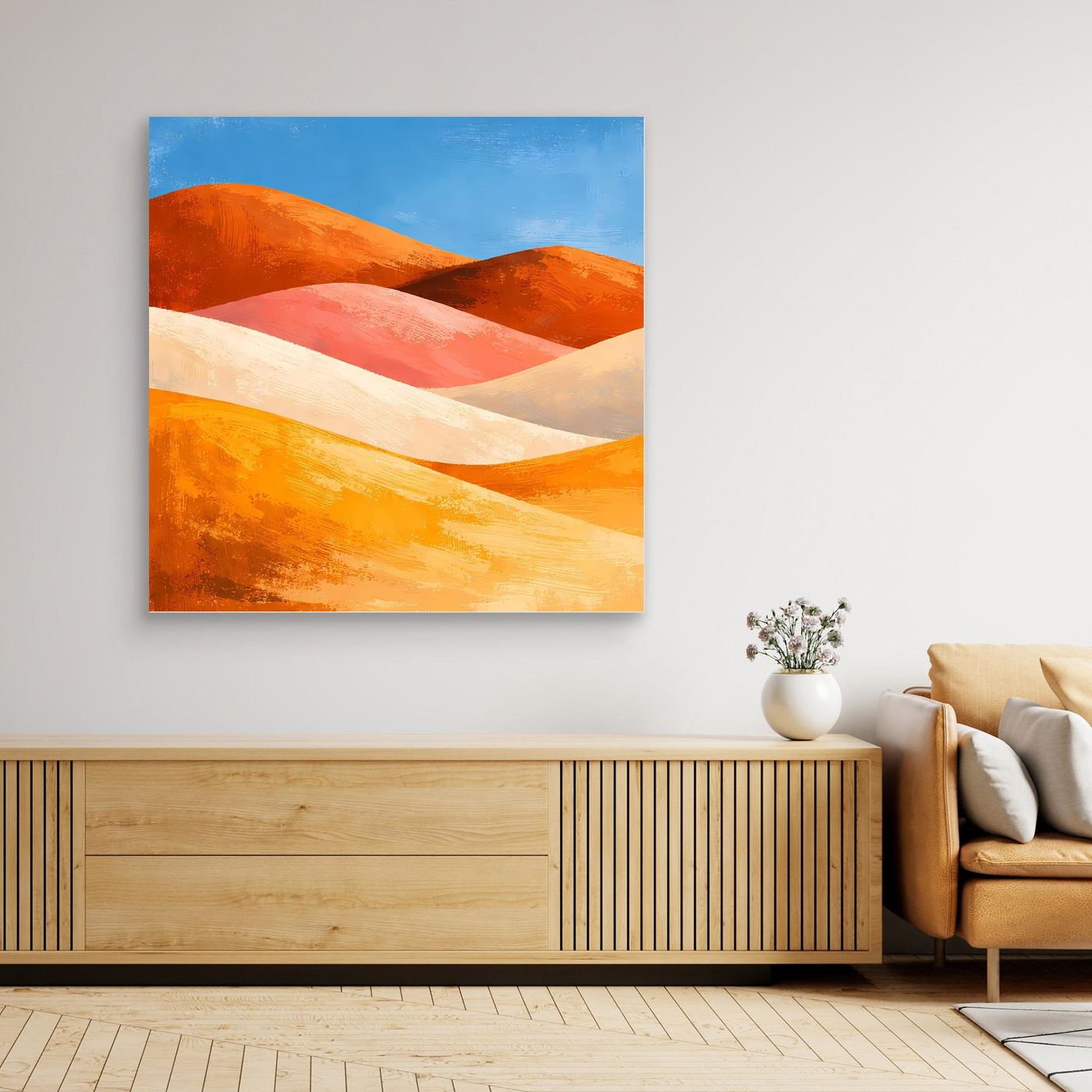 Gerahmtes Leinwandbild mit abstrakten Dünen in Orange, Rot und Creme, Holzrahmen.