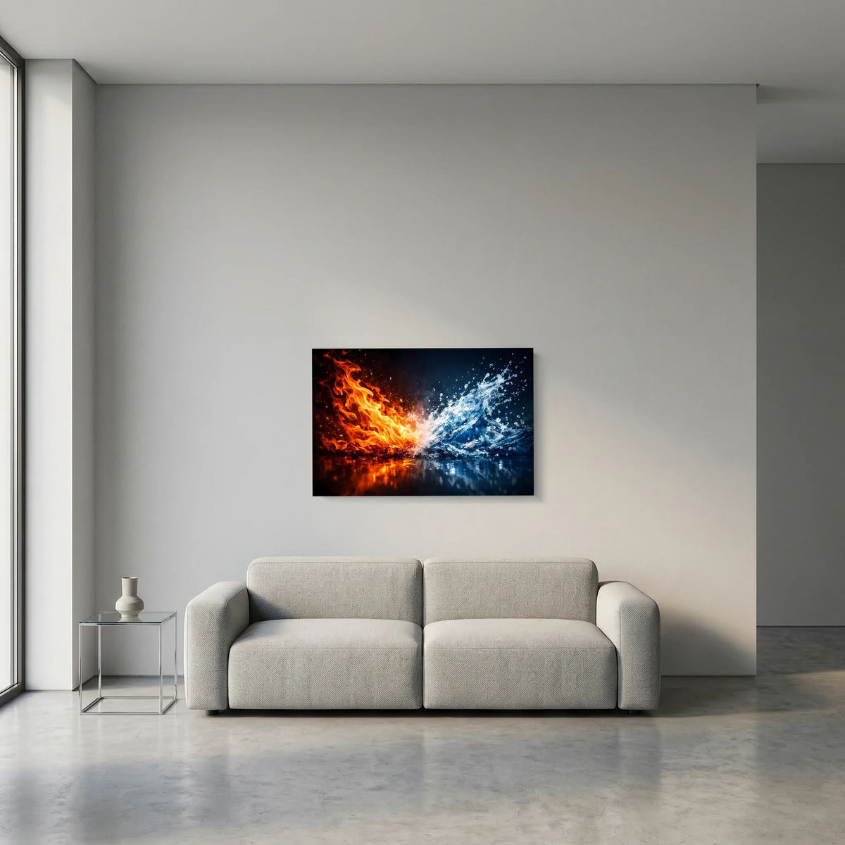 Kunstposter im schwarzen Rahmen mit Motiv aus Flamme und Wasser, Querformat