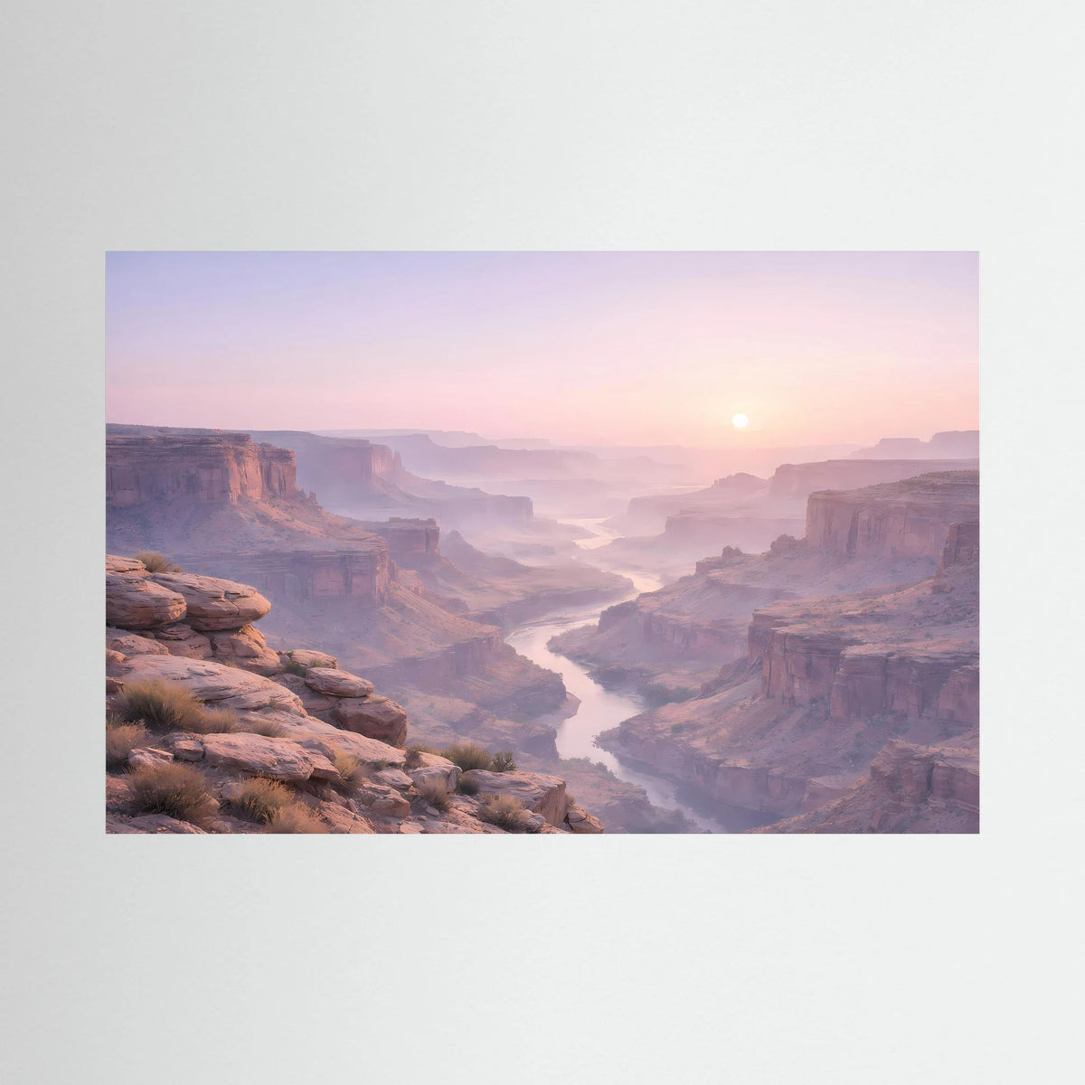 Wandbild Querformat: Canyon mit Fluss und Sonnenaufgang, violette Dämmerung.