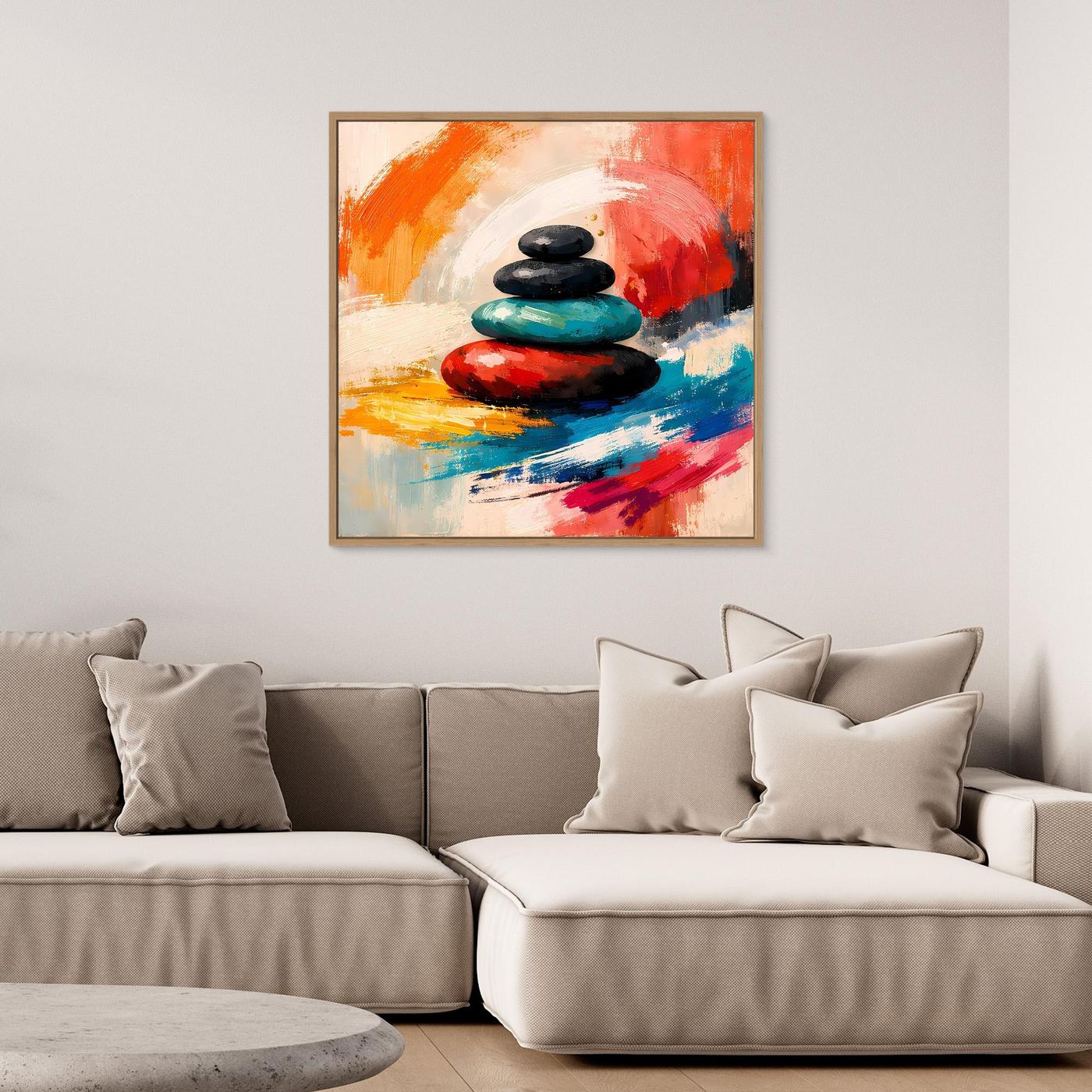 Zen-Wandbild auf Leinwand mit gestapelten Steinen in bunten Farben, im Rahmen
