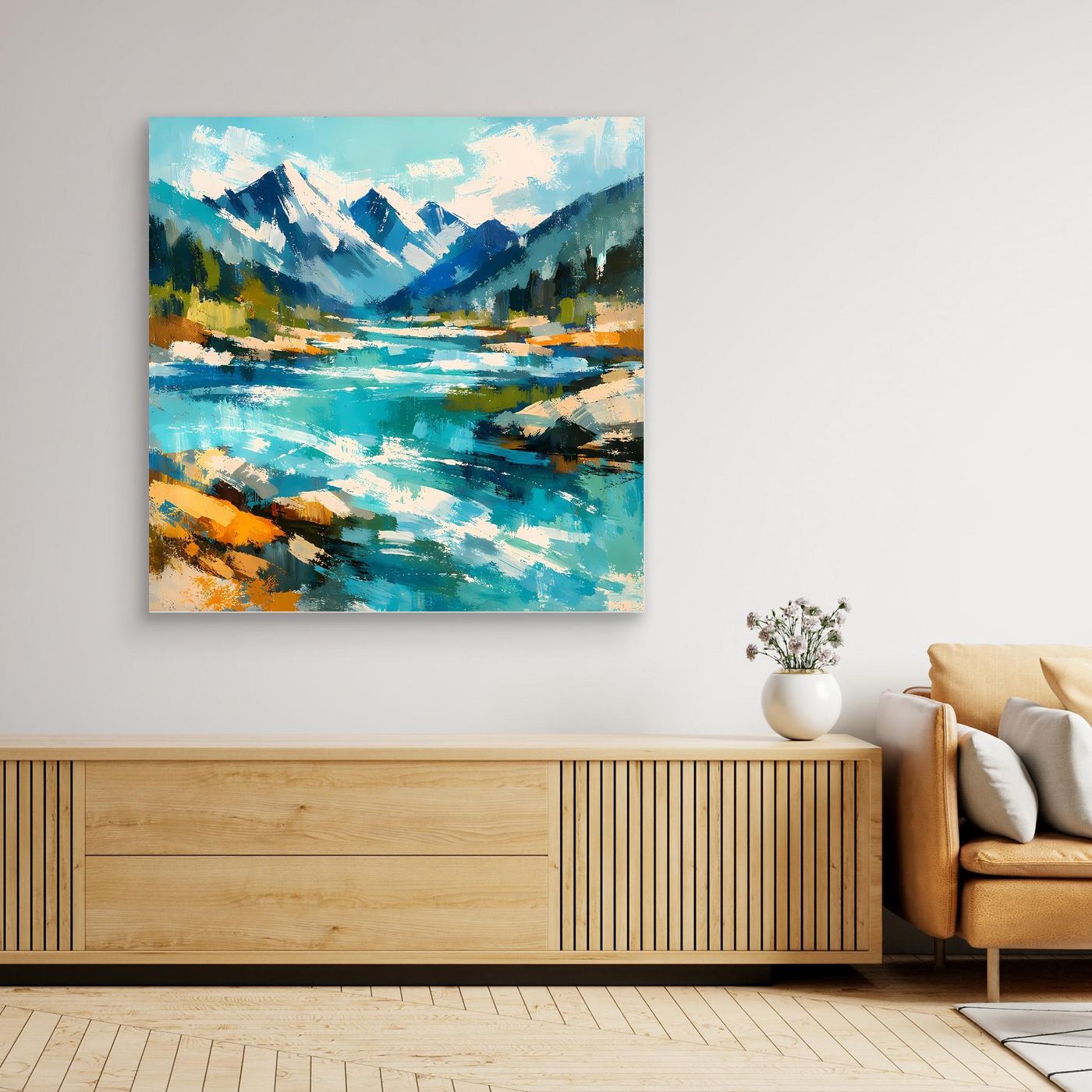Abstraktes Leinwand-Wandbild mit Berglandschaft und Fluss im hellen Rahmen, türkis/blau