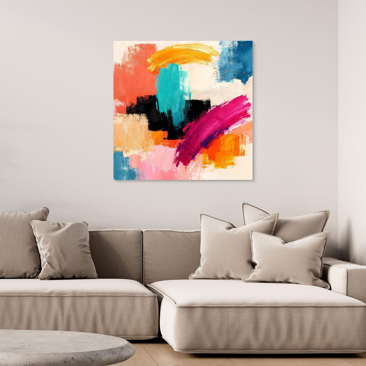 Abstraktes Leinwandbild mit bunten Pinselstrichen in Orange, Blau, Pink und Schwarz