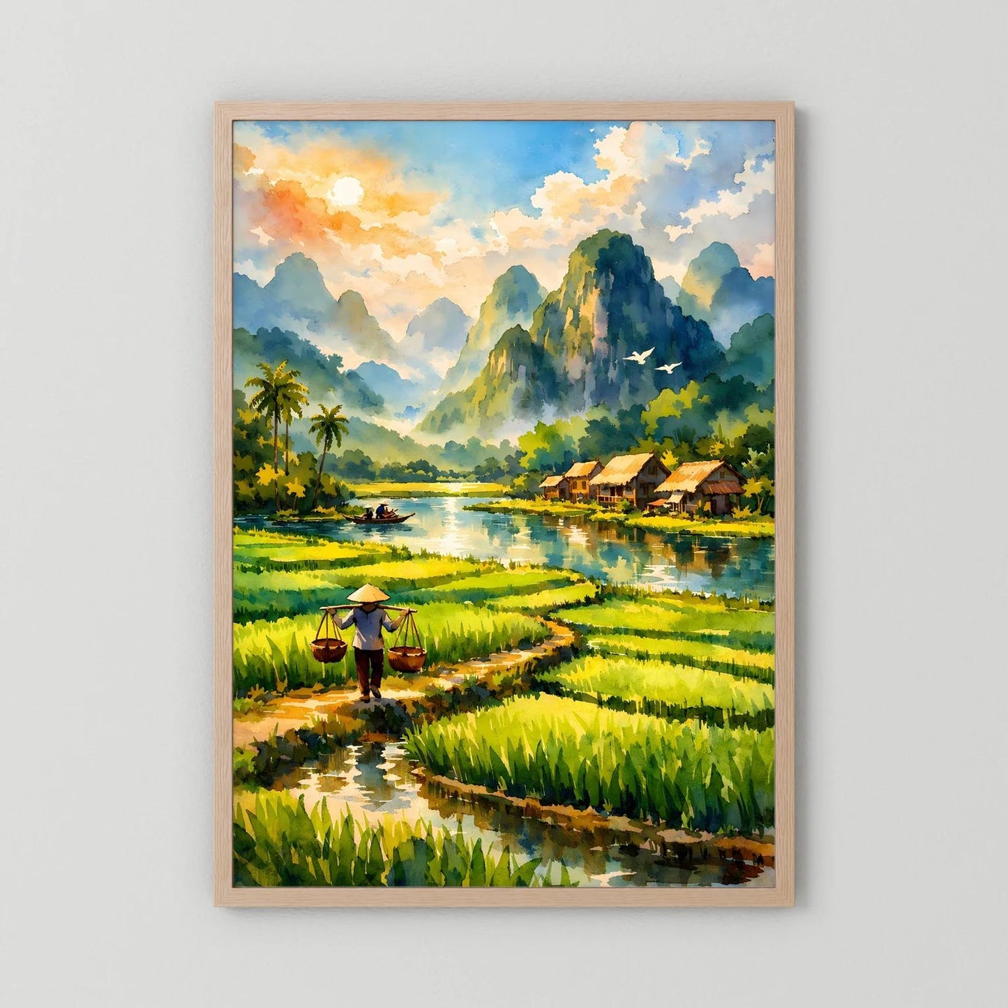 Reisfelder-Wandbild im Hochformat mit Fluss, grünen Terrassen, Dorfhütten und Bergen, im Holzrahmen.
