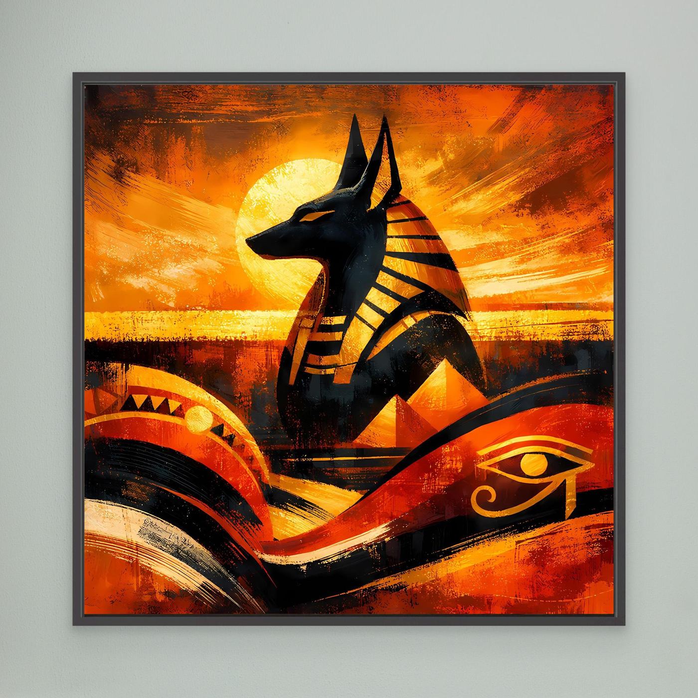 Wandbild Leinwand mit Anubis-Silhouette, orange und gelbe Lichtstrahlen, schwarz-goldene Ornamente, dunkel gerahmt