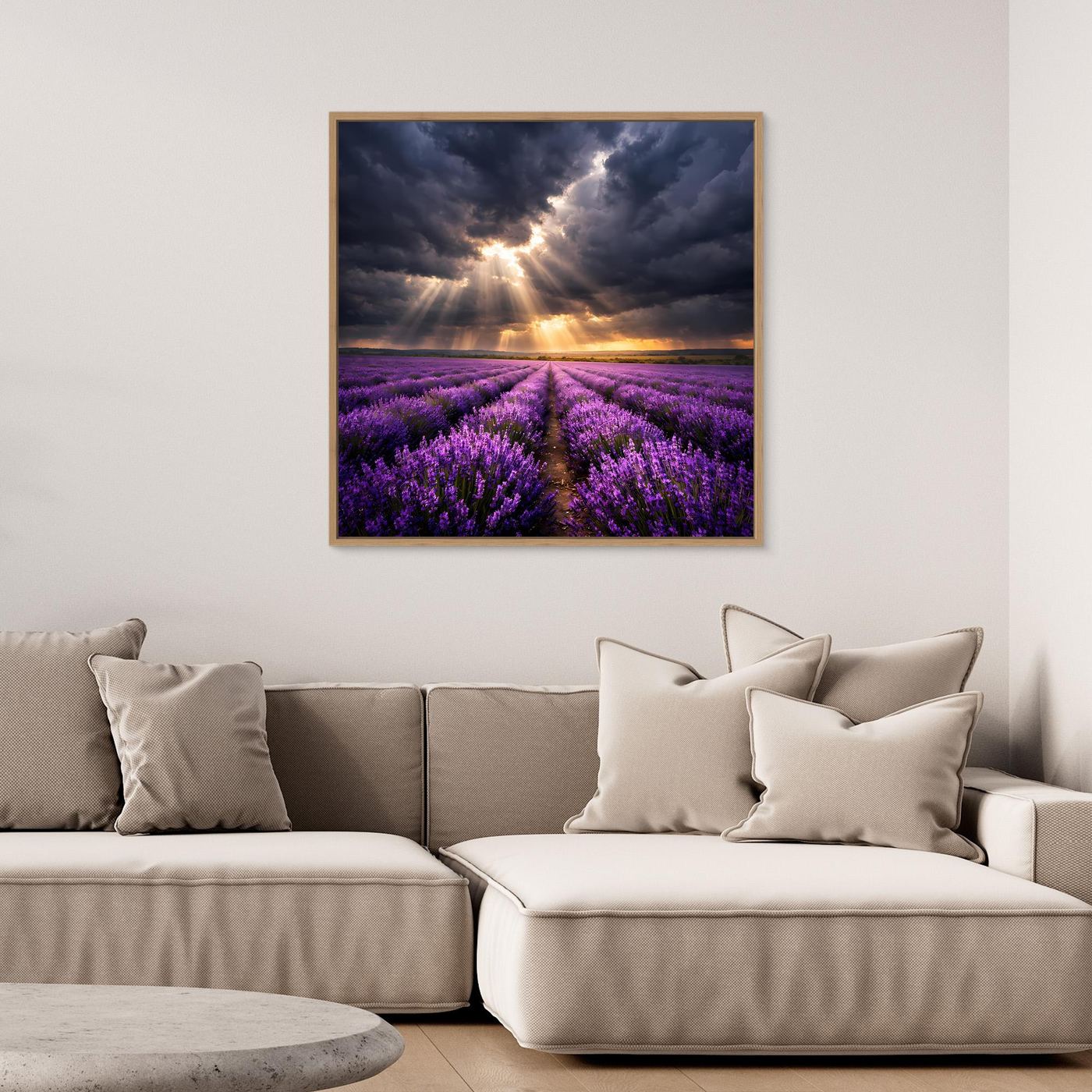 Leinwandbild Lavendelfeld mit Sonnenaufgang, Holzrahmen in Naturton