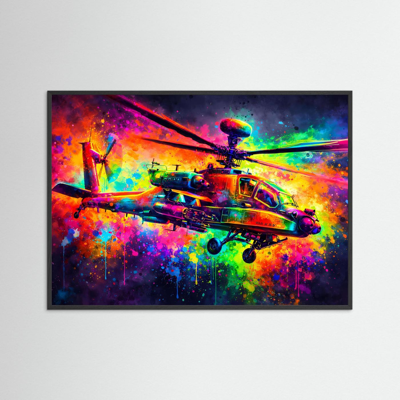 Gerahmtes Poster: Kampfhubschrauber mit Neon-Farben und Spritzereffekten