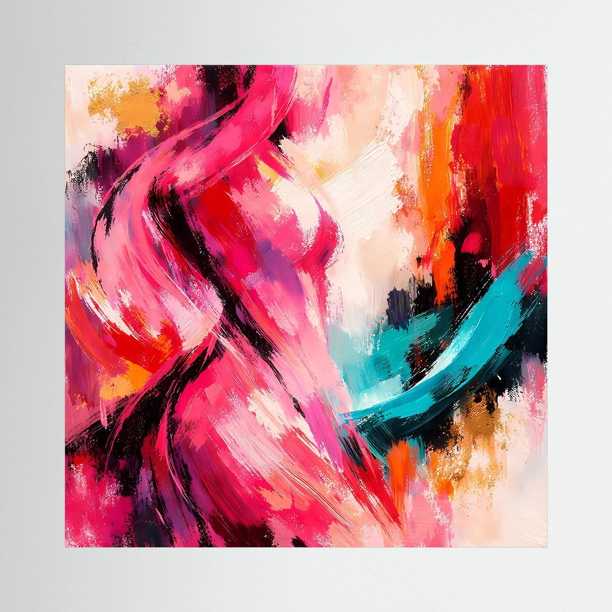 Leinwandbild mit abstrakter Silhouette in Pink, Rot und Türkis auf Holzkeilrahmen