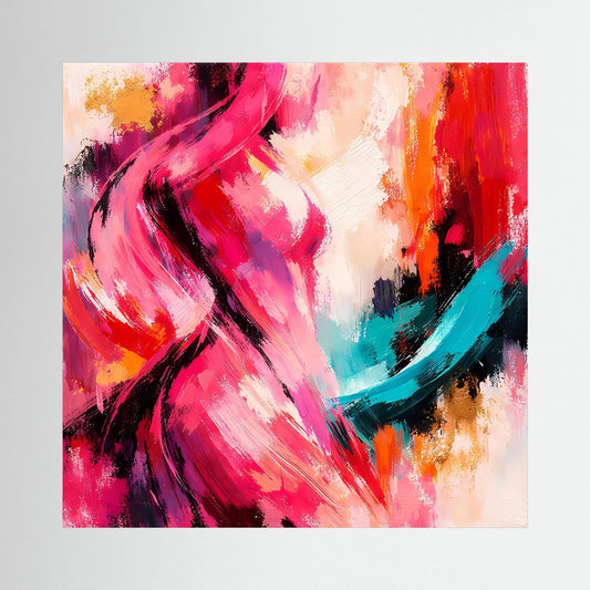 Leinwandbild mit abstrakter Silhouette in Pink, Rot und Türkis auf Holzkeilrahmen